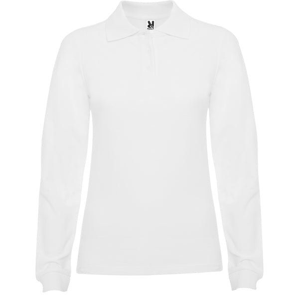 Roly Estrella Woman L/s women's long-sleeve polo shirt in white, ready for logo printing or embroidery