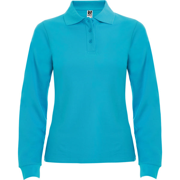 Roly Estrella Woman L/s women's long-sleeve polo shirt in turquoise, ready for logo printing or embroidery