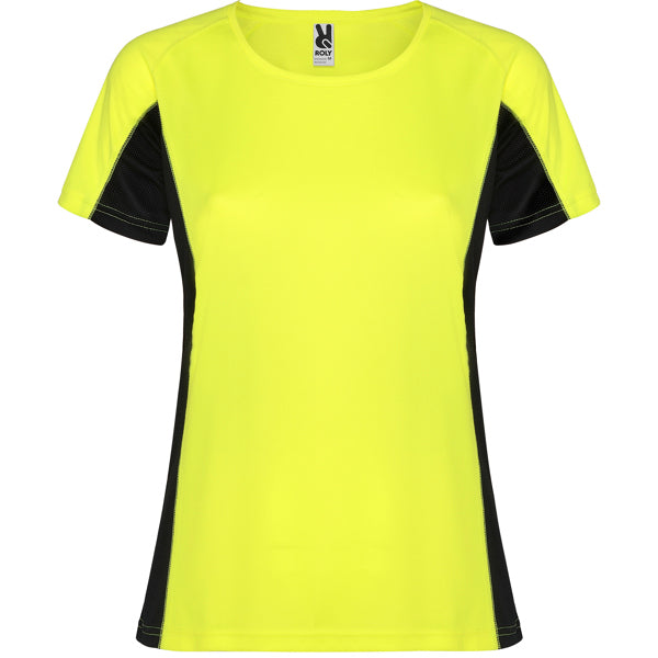 Roly Shanghai Woman women's T-shirt in fluor yellow/black, ready for logo printing or embroidery