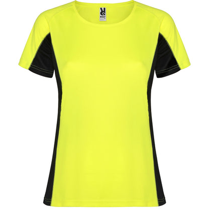 Roly Shanghai Woman women's T-shirt in fluor yellow/black, ready for logo printing or embroidery