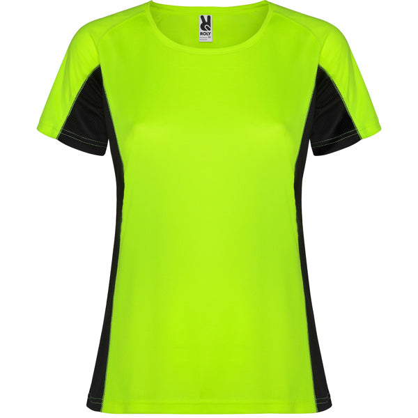Roly Shanghai Woman women's T-shirt in fluor green/black, ready for logo printing or embroidery