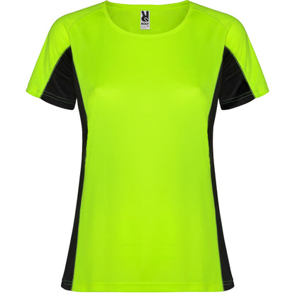 Roly Shanghai Woman women's T-shirt in fluor green/black, ready for logo printing or embroidery