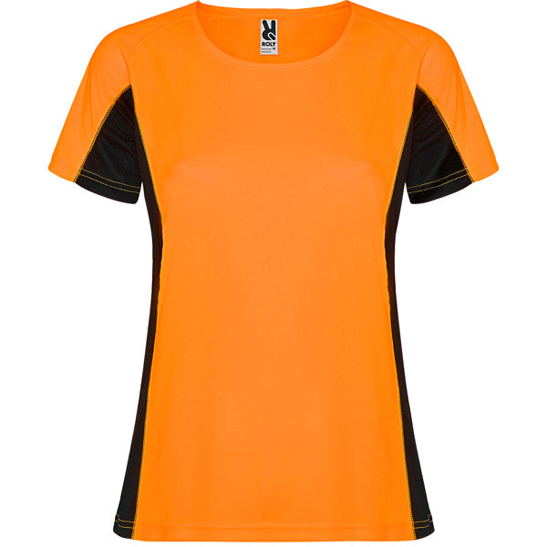Roly Shanghai Woman women's T-shirt in fluor orange/black, ready for logo printing or embroidery