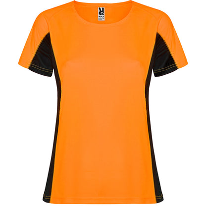 Roly Shanghai Woman women's T-shirt in fluor orange/black, ready for logo printing or embroidery