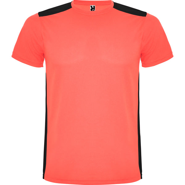 Roly Detroit men's T-shirt in fluor coral/black, ready for logo printing or embroidery