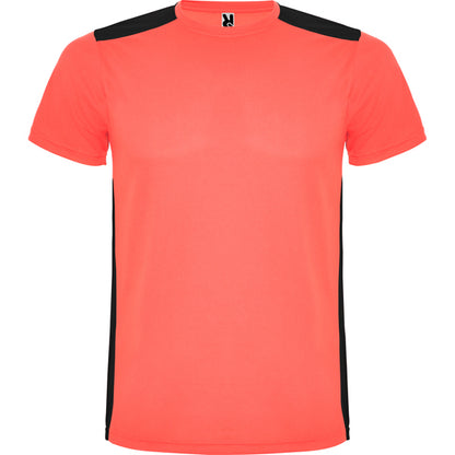 Roly Detroit men's T-shirt in fluor coral/black, ready for logo printing or embroidery