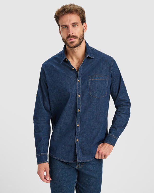Roly WRK Lujan unisex shirt in blue jeans, alternative view, ready for logo printing or embroidery