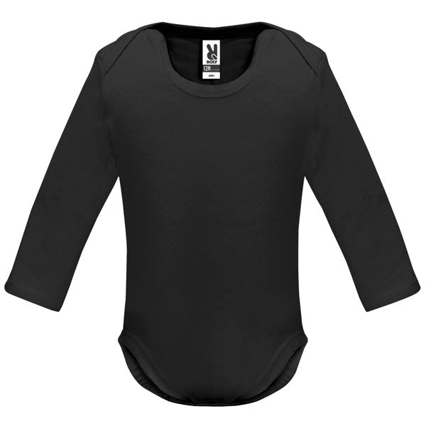 Roly Honey L/s baby baby bodysuit in black, ready for logo printing or embroidery