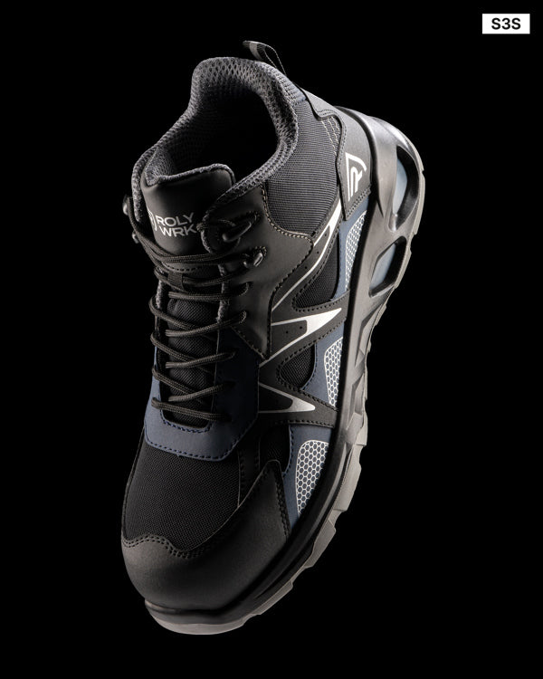 Roly WRK Giskan unisex work boots in black/navy blue, alternative view, ready for logo printing or embroidery