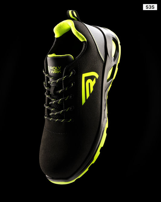 Roly WRK Ceryson unisex work shoes in black/fluor yellow, alternative view, ready for logo printing or embroidery