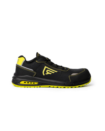Roly WRK Beryl unisex work shoes in black/fluor yellow, ready for logo printing or embroidery