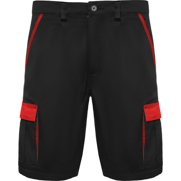 Roly WRK Tahoe unisex shorts in black/red, ready for logo printing or embroidery