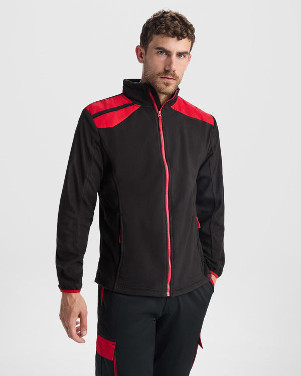 Roly WRK Terrano unisex fleece jacket in black/red, alternative view, ready for logo printing or embroidery