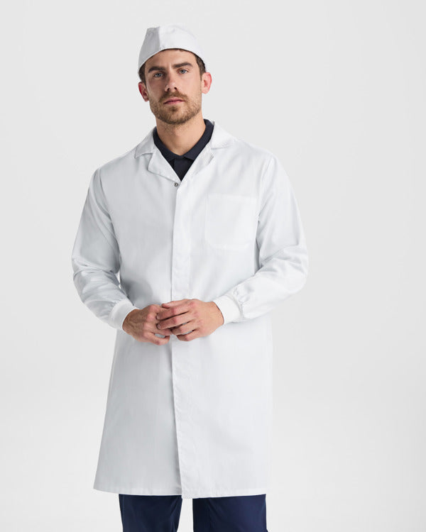 Roly WRK Mederi unisex lab coat in white, alternative view, ready for logo printing or embroidery