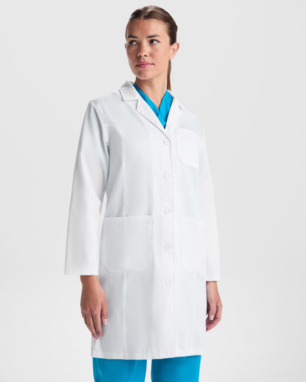 Roly WRK Vaccine Woman women's lab coat in white, alternative view, ready for logo printing or embroidery