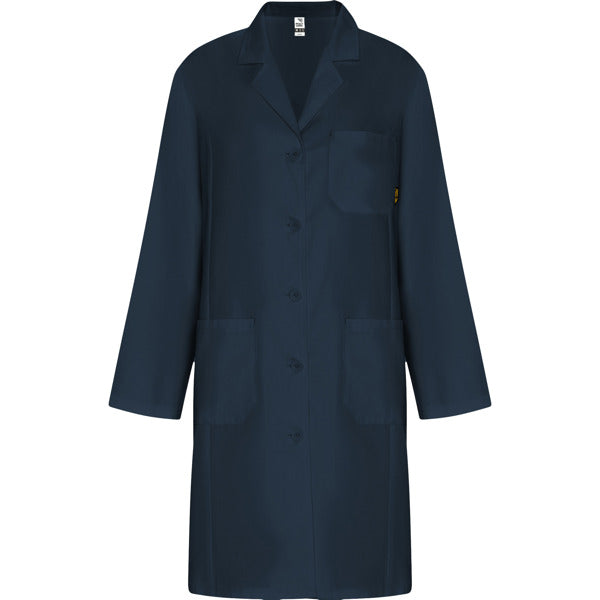 Roly WRK Vaccine Woman women's lab coat in navy blue, ready for logo printing or embroidery