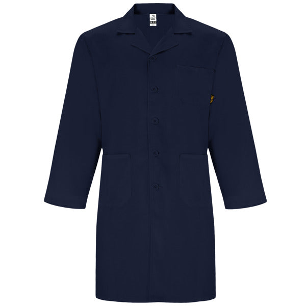 Roly WRK Vaccine men's lab coat in navy blue, ready for logo printing or embroidery