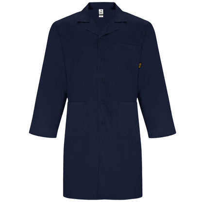 Roly WRK Vaccine men's lab coat in navy blue, ready for logo printing or embroidery