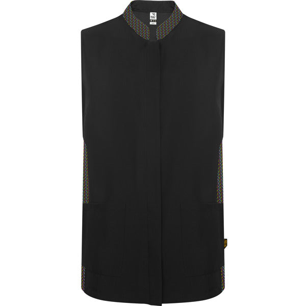 Roly WRK Aldany women's apron in black/geometric print, ready for logo printing or embroidery