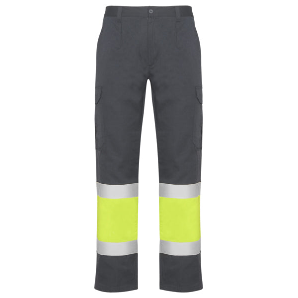 Roly WRK Naos men's high-visibility trousers in lead/fluor yellow, ready for logo printing or embroidery