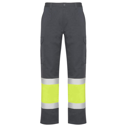 Roly WRK Naos men's high-visibility trousers in lead/fluor yellow, ready for logo printing or embroidery
