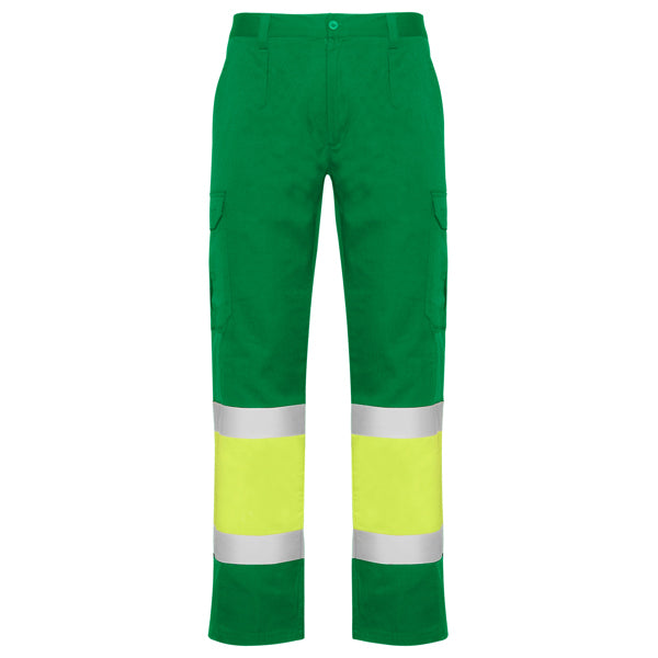 Roly WRK Naos men's high-visibility trousers in garden green/fluor yellow, ready for logo printing or embroidery