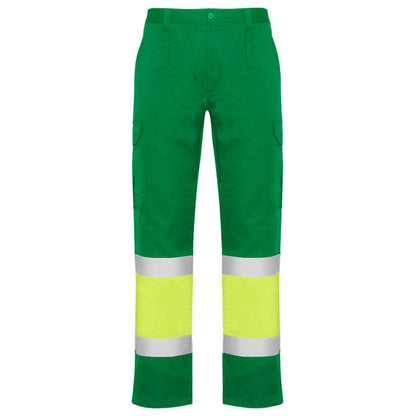 Roly WRK Naos men's high-visibility trousers in garden green/fluor yellow, ready for logo printing or embroidery