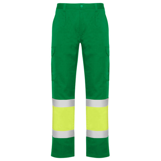 Roly WRK Naos men's high-visibility trousers in garden green/fluor yellow, ready for logo printing or embroidery