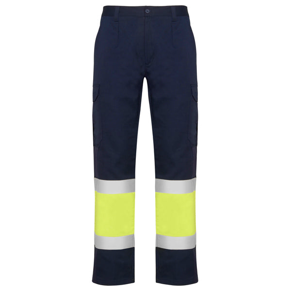 Roly WRK Naos men's high-visibility trousers in navy blue/fluor yellow, ready for logo printing or embroidery