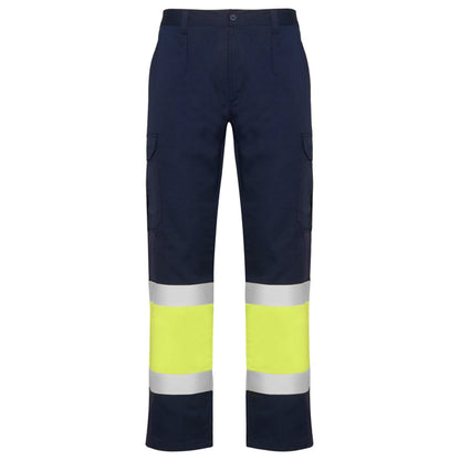 Roly WRK Naos men's high-visibility trousers in navy blue/fluor yellow, ready for logo printing or embroidery