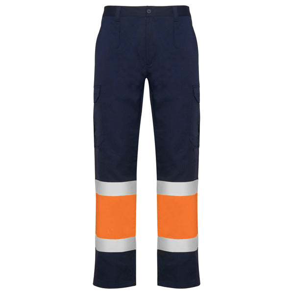 Roly WRK Naos men's high-visibility trousers in navy blue/fluor orange, ready for logo printing or embroidery