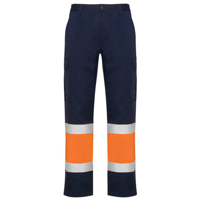 Roly WRK Naos men's high-visibility trousers in navy blue/fluor orange, ready for logo printing or embroidery