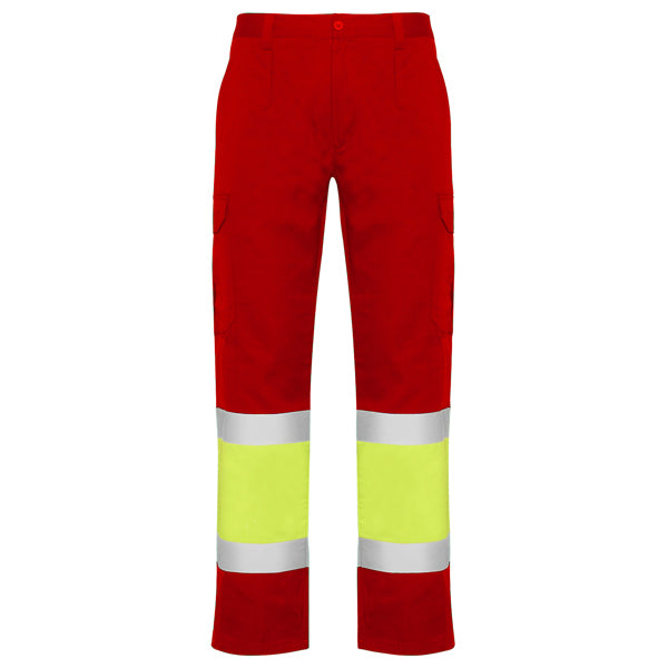Roly WRK Naos men's high-visibility trousers in job red/fluor yellow, ready for logo printing or embroidery