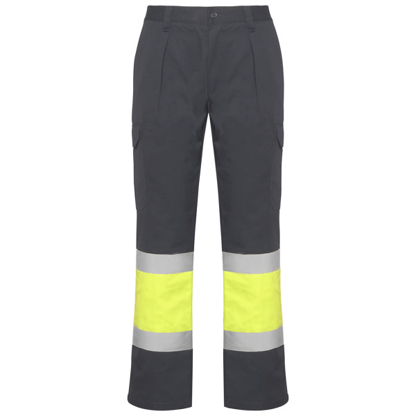 Roly WRK Soan men's high-visibility trousers in lead/fluor yellow, ready for logo printing or embroidery