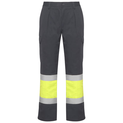 Roly WRK Soan men's high-visibility trousers in lead/fluor yellow, ready for logo printing or embroidery