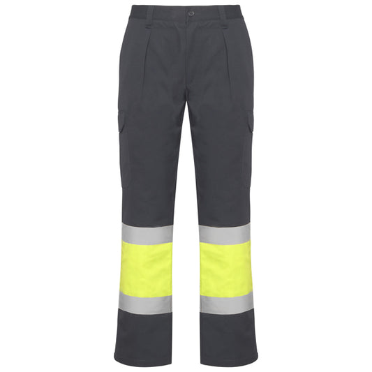Roly WRK Soan men's high-visibility trousers in lead/fluor yellow, ready for logo printing or embroidery