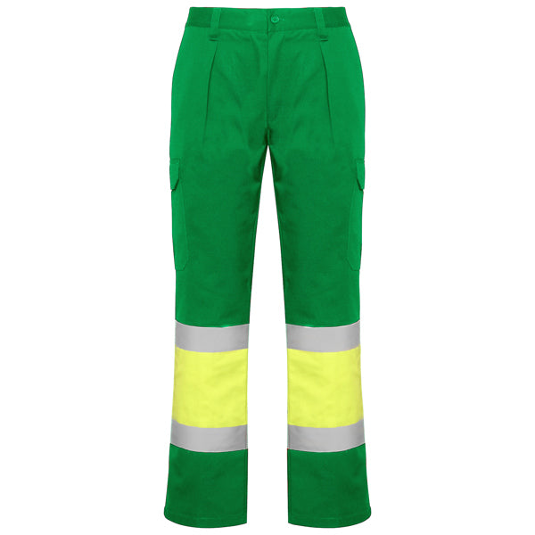 Roly WRK Soan men's high-visibility trousers in garden green/fluor yellow, ready for logo printing or embroidery
