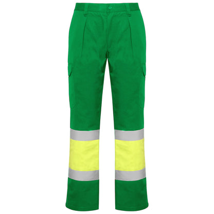 Roly WRK Soan men's high-visibility trousers in garden green/fluor yellow, ready for logo printing or embroidery