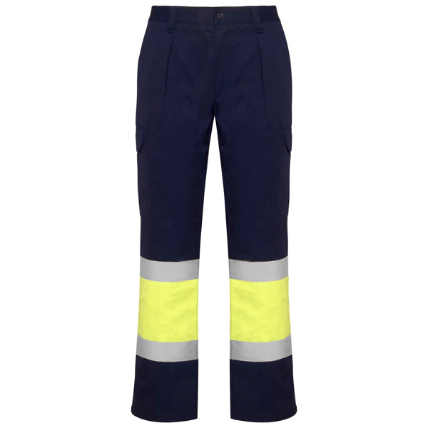 Roly WRK Soan men's high-visibility trousers in navy blue/fluor yellow, ready for logo printing or embroidery