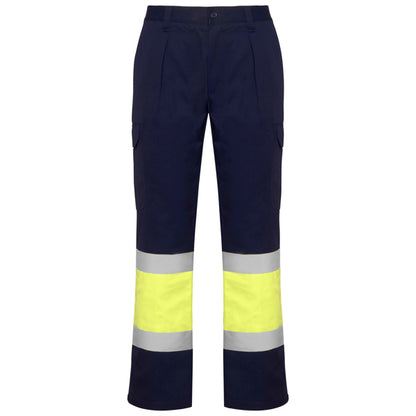 Roly WRK Soan men's high-visibility trousers in navy blue/fluor yellow, ready for logo printing or embroidery