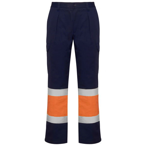 Roly WRK Soan men's high-visibility trousers in navy blue/fluor orange, ready for logo printing or embroidery