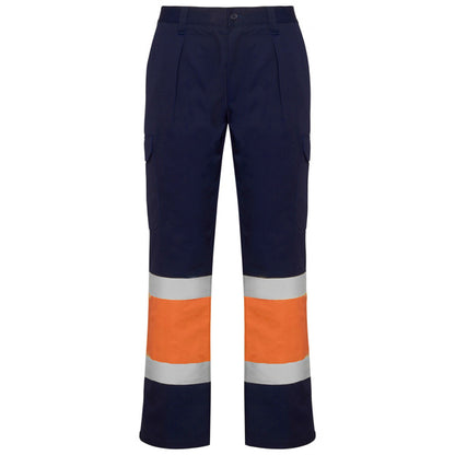 Roly WRK Soan men's high-visibility trousers in navy blue/fluor orange, ready for logo printing or embroidery