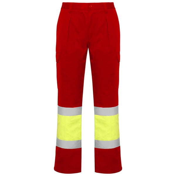 Roly WRK Soan men's high-visibility trousers in job red/fluor yellow, ready for logo printing or embroidery
