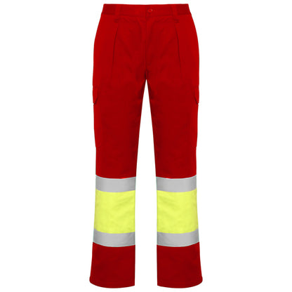 Roly WRK Soan men's high-visibility trousers in job red/fluor yellow, ready for logo printing or embroidery