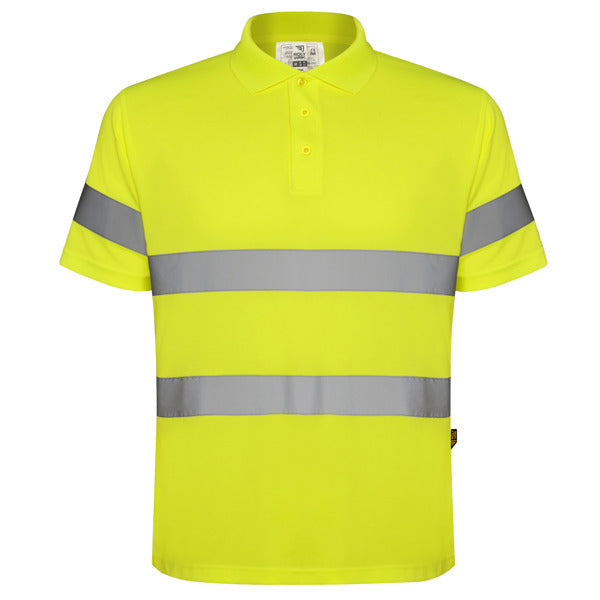 Roly WRK Polaris men's high-visibility polo shirt in fluor yellow, ready for logo printing or embroidery