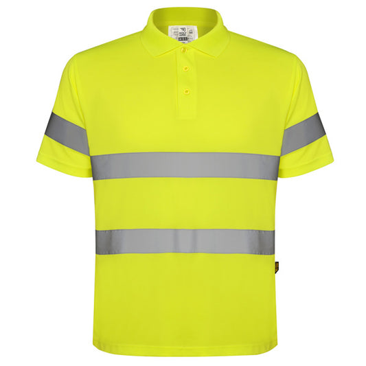 Roly WRK Polaris men's high-visibility polo shirt in fluor yellow, ready for logo printing or embroidery