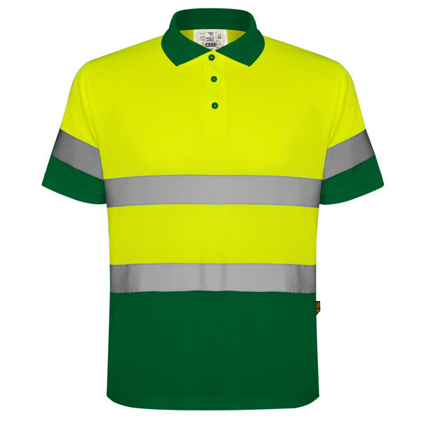 Roly WRK Polaris men's high-visibility polo shirt in garden green/fluor yellow, ready for logo printing or embroidery