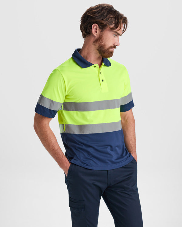 Roly WRK Polaris men's high-visibility polo shirt in fluor yellow, alternative view, ready for logo printing or embroidery