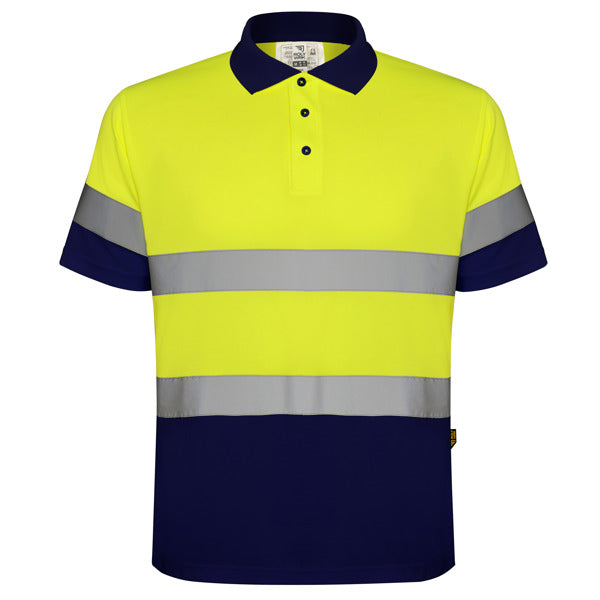 Roly WRK Polaris men's high-visibility polo shirt in navy blue/fluor yellow, ready for logo printing or embroidery