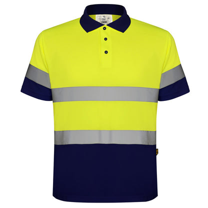 Roly WRK Polaris men's high-visibility polo shirt in navy blue/fluor yellow, ready for logo printing or embroidery